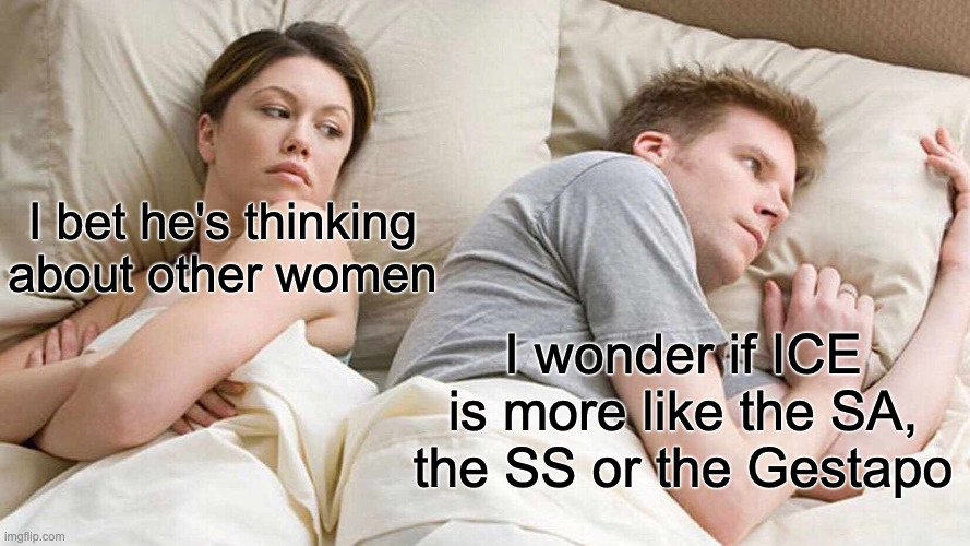 ICE has its predecessors | I bet he's thinking about other women; I wonder if ICE is more like the SA, the SS or the Gestapo | image tagged in memes,i bet he's thinking about other women,ice,sa,ss,gestapo | made w/ Imgflip meme maker