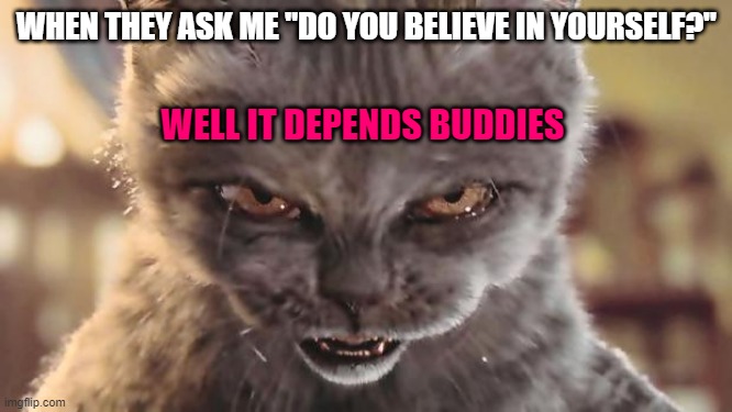 sometimes yes, other times no. self-esteem is not always my strong point | WHEN THEY ASK ME "DO YOU BELIEVE IN YOURSELF?"; WELL IT DEPENDS BUDDIES | image tagged in evil cat | made w/ Imgflip meme maker