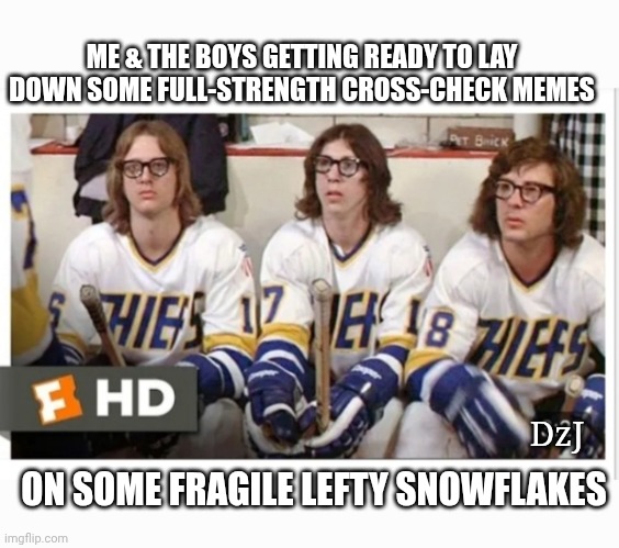 Hanson Brothers Meme Team | ME & THE BOYS GETTING READY TO LAY DOWN SOME FULL-STRENGTH CROSS-CHECK MEMES; DzJ; ON SOME FRAGILE LEFTY SNOWFLAKES | image tagged in triggered liberal,snowflakes,retarded liberal protesters,butthurt liberals | made w/ Imgflip meme maker