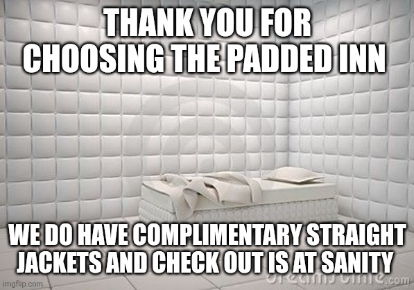 insane asylum pillow room | THANK YOU FOR CHOOSING THE PADDED INN WE DO HAVE COMPLIMENTARY STRAIGHT JACKETS AND CHECK OUT IS AT SANITY | image tagged in insane asylum pillow room | made w/ Imgflip meme maker