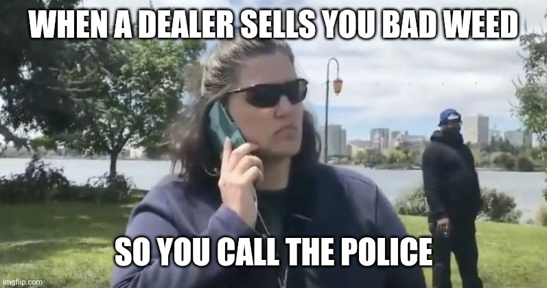 Scuze me | WHEN A DEALER SELLS YOU BAD WEED; SO YOU CALL THE POLICE | image tagged in bbq becky | made w/ Imgflip meme maker