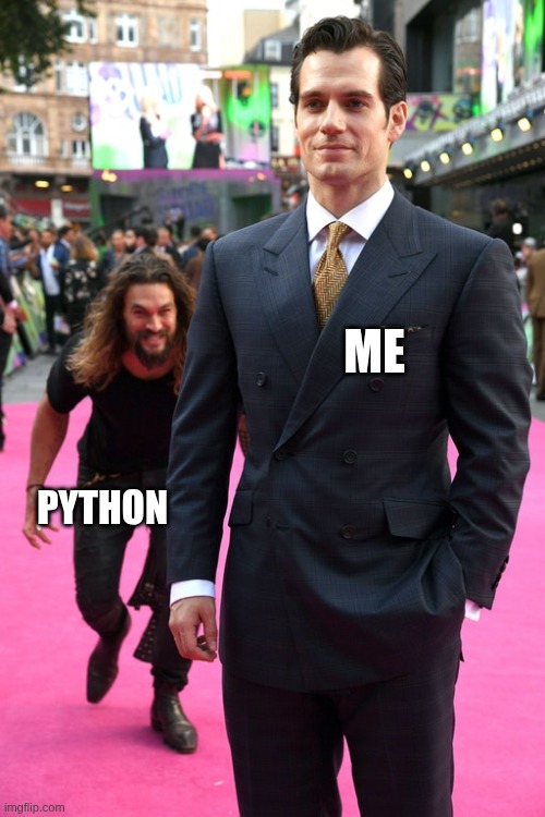Python | ME; PYTHON | image tagged in jason momoa henry cavill meme | made w/ Imgflip meme maker
