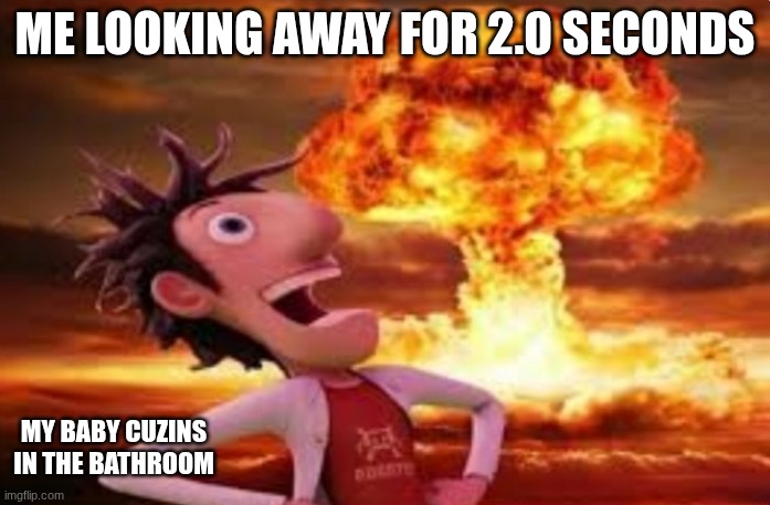 why JUST WHYYY | ME LOOKING AWAY FOR 2.0 SECONDS; MY BABY CUZINS IN THE BATHROOM | image tagged in flint lockwood explosion,lol so funny | made w/ Imgflip meme maker