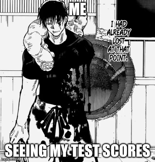 test scores? | ME; SEEING MY TEST SCORES | image tagged in toji,jjk | made w/ Imgflip meme maker