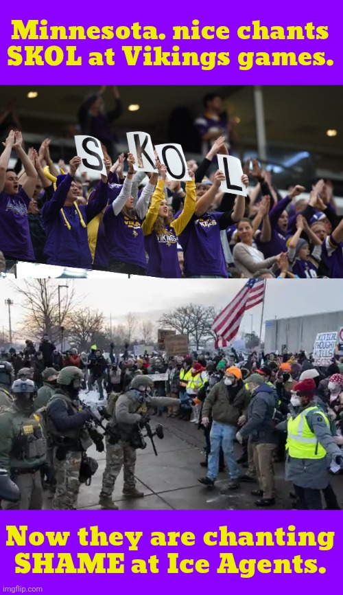 Minnesota  Nice from SKOL to ICE | Minnesota. nice chants SKOL at Vikings games. Now they are chanting SHAME at Ice Agents. | image tagged in minnesota nice from skol to ice ice,skol to shame,wtfud,renee nicole good,maga malitia,ice out | made w/ Imgflip meme maker