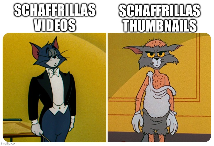 You know it's true. | SCHAFFRILLAS THUMBNAILS; SCHAFFRILLAS VIDEOS | image tagged in tom in tuxedo and haggard tom | made w/ Imgflip meme maker
