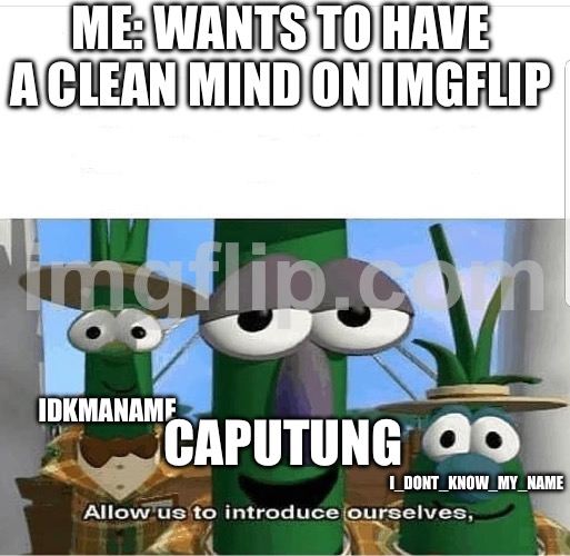 Allow us to introduce ourselves | ME: WANTS TO HAVE A CLEAN MIND ON IMGFLIP; IDKMANAME; CAPUTUNG; I_DONT_KNOW_MY_NAME | image tagged in allow us to introduce ourselves | made w/ Imgflip meme maker