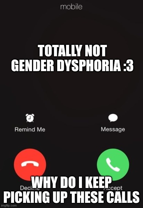 Incoming call | TOTALLY NOT GENDER DYSPHORIA :3; WHY DO I KEEP PICKING UP THESE CALLS | image tagged in incoming call | made w/ Imgflip meme maker