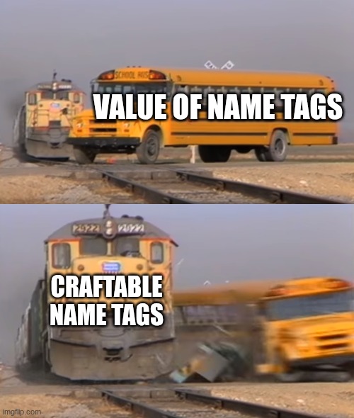 this is called monetary devaluing | VALUE OF NAME TAGS; CRAFTABLE NAME TAGS | image tagged in a train hitting a school bus | made w/ Imgflip meme maker