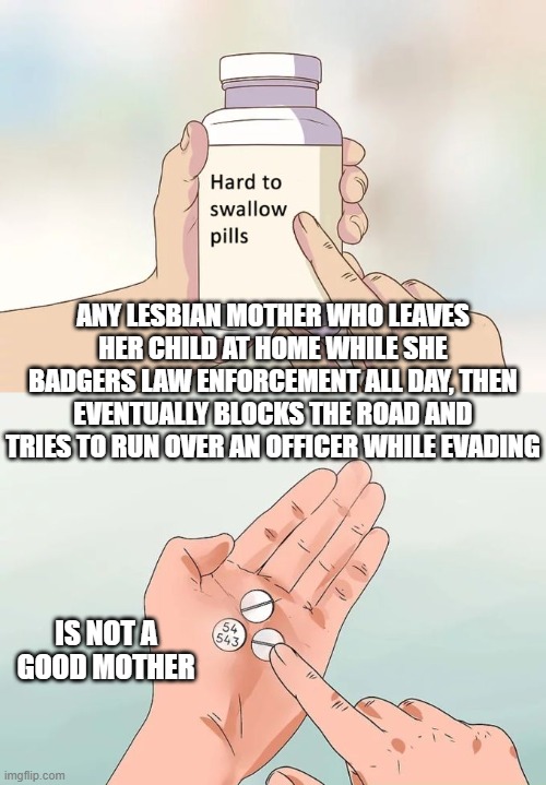 Hard To Swallow Pills Meme | ANY LESBIAN MOTHER WHO LEAVES HER CHILD AT HOME WHILE SHE BADGERS LAW ENFORCEMENT ALL DAY, THEN EVENTUALLY BLOCKS THE ROAD AND TRIES TO RUN  | image tagged in memes,hard to swallow pills | made w/ Imgflip meme maker