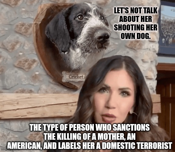 State sanctioned murder of Americans in Trump's Amerika | LET'S NOT TALK
ABOUT HER
SHOOTING HER
OWN DOG. THE TYPE OF PERSON WHO SANCTIONS THE KILLING OF A MOTHER, AN AMERICAN, AND LABELS HER A DOMESTIC TERRORIST | image tagged in kristi noem cricket mounted head trump election,donald trump,maga,fascism,kristi noem | made w/ Imgflip meme maker