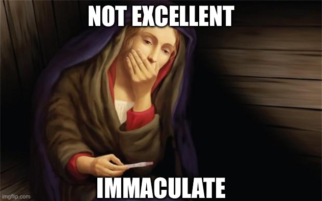 Conception? | NOT EXCELLENT; IMMACULATE | image tagged in virgin mary pregnant,conception,test,pregnancy,pregnancy test | made w/ Imgflip meme maker