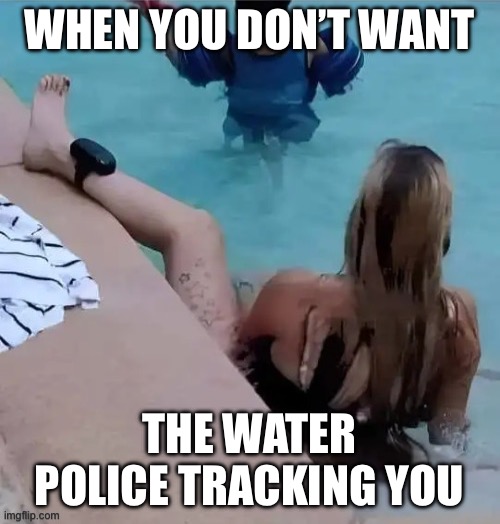 Water police | WHEN YOU DON’T WANT; THE WATER POLICE TRACKING YOU | image tagged in water,pool,monitor,ankle | made w/ Imgflip meme maker