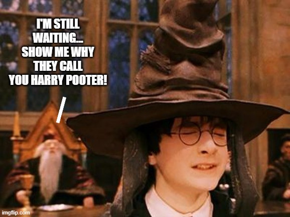 What's the opposite of holding it in? | I'M STILL WAITING...
SHOW ME WHY THEY CALL YOU HARRY POOTER! | image tagged in harry potter hat,memes,pooter,fart | made w/ Imgflip meme maker