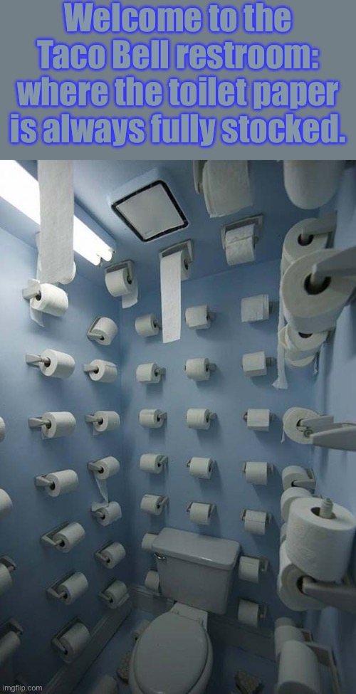 Welcome to Taco Bell Restroom | Welcome to the Taco Bell restroom: where the toilet paper is always fully stocked. | image tagged in taco bell,diarrhea,toilet paper,mountain of toilet paper,welcome,funny memes | made w/ Imgflip meme maker