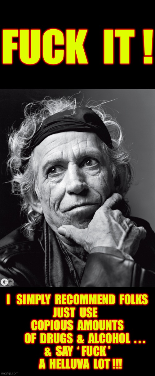 TAKE IT or LEAVE IT !  KEITH DOES KEITH , U DO U !!!  \m/ | FUCK  IT ! I   SIMPLY  RECOMMEND  FOLKS  
JUST  USE  
COPIOUS  AMOUNTS
       OF  DRUGS  &  ALCOHOL  . . .
&  SAY  ‘ FUCK ’
   A  HELLUVA  LOT !!! | image tagged in keith richards confessions | made w/ Imgflip meme maker
