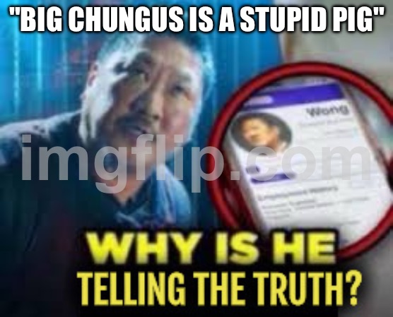 Why is he telling the truth | "BIG CHUNGUS IS A STUPID PIG" | image tagged in why is he telling the truth | made w/ Imgflip meme maker