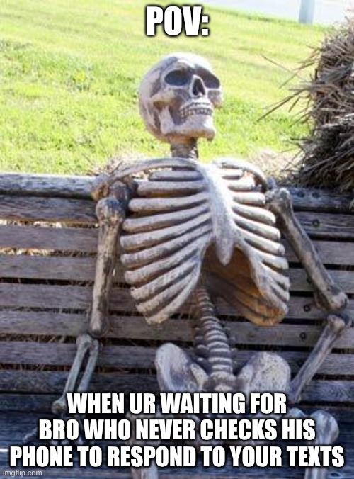 FR | POV:; WHEN UR WAITING FOR BRO WHO NEVER CHECKS HIS PHONE TO RESPOND TO YOUR TEXTS | image tagged in memes,waiting skeleton | made w/ Imgflip meme maker
