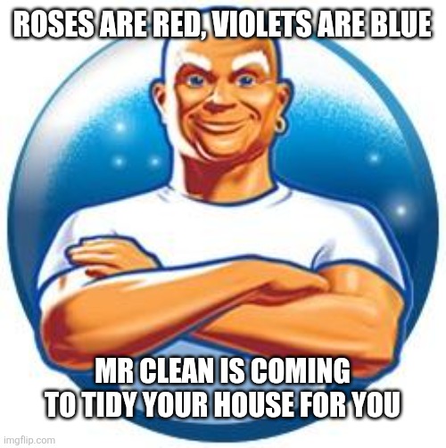 Mr Clean | ROSES ARE RED, VIOLETS ARE BLUE; MR CLEAN IS COMING TO TIDY YOUR HOUSE FOR YOU | image tagged in mr clean,memes,funny,roses are red | made w/ Imgflip meme maker