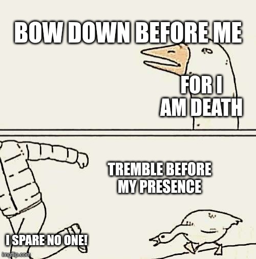 deathly goose | BOW DOWN BEFORE ME; FOR I AM DEATH; TREMBLE BEFORE MY PRESENCE; I SPARE NO ONE! | image tagged in goose chase | made w/ Imgflip meme maker