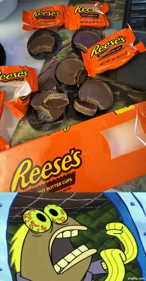 Not a single peanut butter in the Reese's, just CHOCOLATE | image tagged in spongebob chocolate,reese's,chocolate,candy,memes,you had one job | made w/ Imgflip meme maker