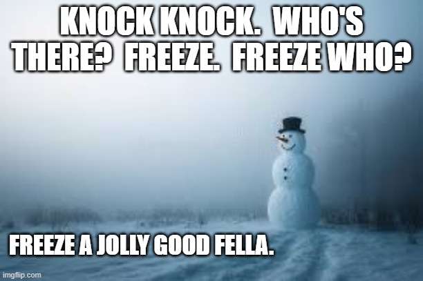 Knock knock. Who's there? Freeze. Freeze who. "Freeze a jolly good fellow." | KNOCK KNOCK.  WHO'S THERE?  FREEZE.  FREEZE WHO? FREEZE A JOLLY GOOD FELLA. | image tagged in funny,humor,knock knock,play on words,snowman,hide and seek | made w/ Imgflip meme maker