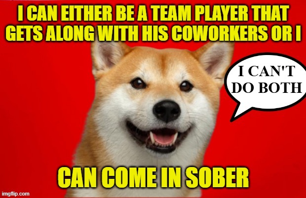 DogePadre Says | I CAN EITHER BE A TEAM PLAYER THAT
GETS ALONG WITH HIS COWORKERS OR I CAN COME IN SOBER I CAN'T DO BOTH | image tagged in dogepadre says | made w/ Imgflip meme maker