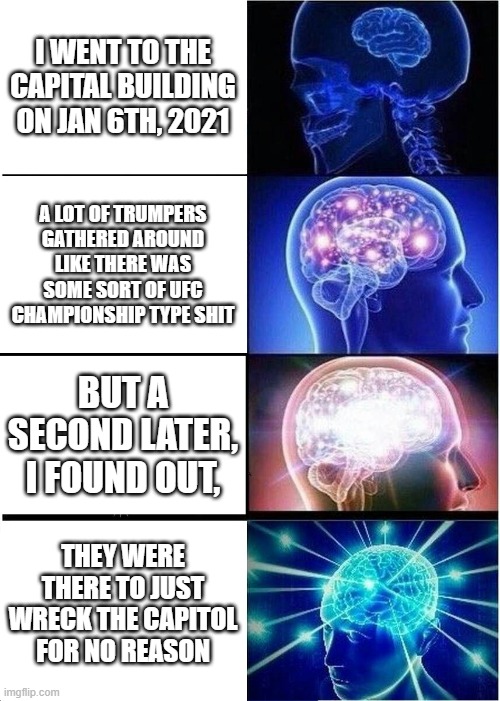 Expanding Brain | I WENT TO THE CAPITAL BUILDING ON JAN 6TH, 2021; A LOT OF TRUMPERS GATHERED AROUND LIKE THERE WAS SOME SORT OF UFC CHAMPIONSHIP TYPE SHIT; BUT A SECOND LATER, I FOUND OUT, THEY WERE THERE TO JUST WRECK THE CAPITOL FOR NO REASON | image tagged in memes,expanding brain | made w/ Imgflip meme maker