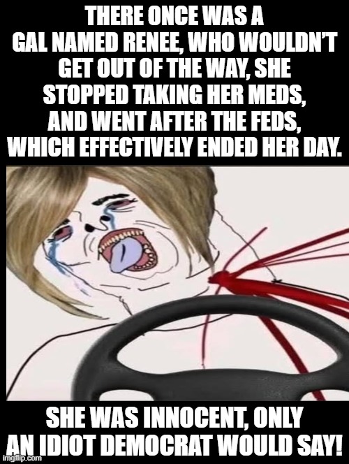 There WAS a lady named Renee | THERE ONCE WAS A GAL NAMED RENEE, WHO WOULDN’T GET OUT OF THE WAY, SHE STOPPED TAKING HER MEDS, AND WENT AFTER THE FEDS, WHICH EFFECTIVELY ENDED HER DAY. SHE WAS INNOCENT, ONLY AN IDIOT DEMOCRAT WOULD SAY! | image tagged in dumb people | made w/ Imgflip meme maker