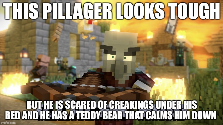 Pillager Raid | THIS PILLAGER LOOKS TOUGH; BUT HE IS SCARED OF CREAKINGS UNDER HIS BED AND HE HAS A TEDDY BEAR THAT CALMS HIM DOWN | image tagged in pillager raid | made w/ Imgflip meme maker