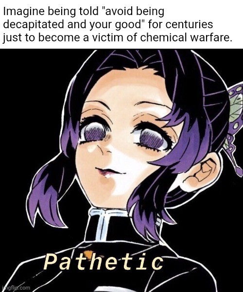 Nah, this lady is crazy. | Imagine being told "avoid being decapitated and your good" for centuries just to become a victim of chemical warfare. | image tagged in pathetic,anime,demon slayer | made w/ Imgflip meme maker