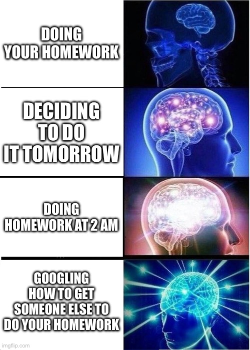 Expanding Brain | DOING YOUR HOMEWORK; DECIDING TO DO IT TOMORROW; DOING HOMEWORK AT 2 AM; GOOGLING HOW TO GET SOMEONE ELSE TO DO YOUR HOMEWORK | image tagged in memes,expanding brain | made w/ Imgflip meme maker