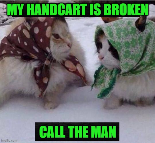 Problem Solved | MY HANDCART IS BROKEN; CALL THE MAN | image tagged in meme,babushkas,babushkats,handcart,handyman | made w/ Imgflip meme maker