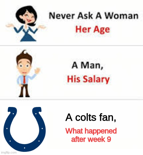 How the mighty have fallen | A colts fan, What happened after week 9 | image tagged in never ask a woman her age | made w/ Imgflip meme maker