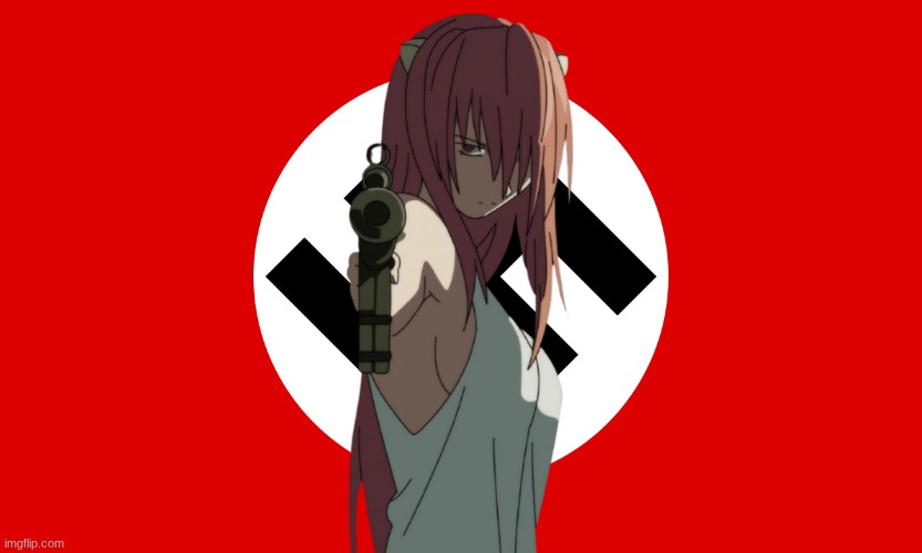 Did the same thing as boiled_banana1 except I replaced Nana with Lucy as she fits the flag better | image tagged in nazi flag,elfen lied,lucy | made w/ Imgflip meme maker