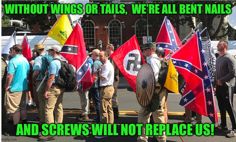 WITHOUT WINGS OR TAILS,  WE’RE ALL BENT NAILS; AND SCREWS WILL NOT REPLACE US! | made w/ Imgflip meme maker