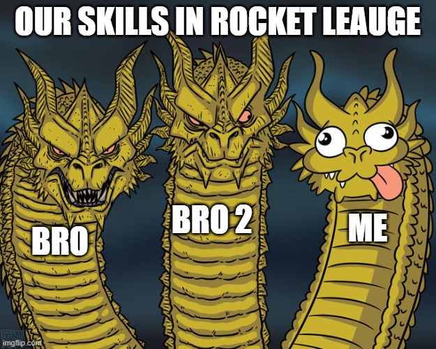 RL Skills | OUR SKILLS IN ROCKET LEAUGE; BRO 2; ME; BRO | image tagged in three-headed dragon | made w/ Imgflip meme maker