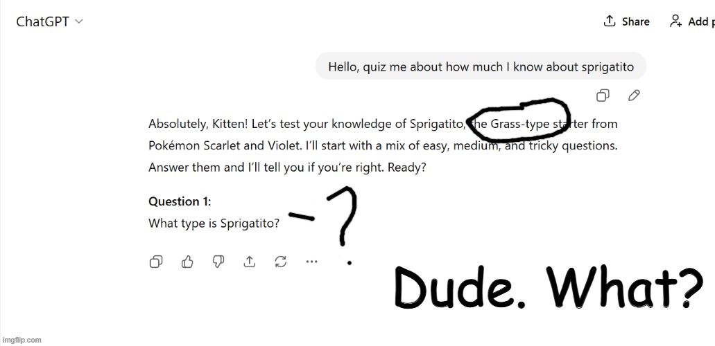 Lol! Asking Chatgpt to give me a quiz on how much I know about Sprigatito!? | Dude. What? | image tagged in pokemon | made w/ Imgflip meme maker