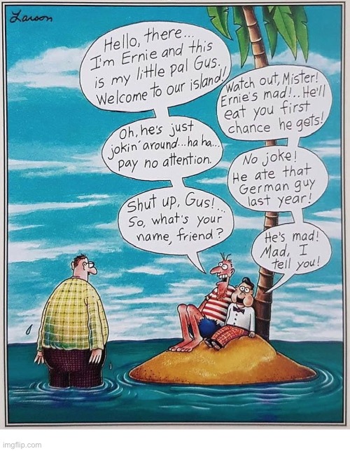 Of all the deserted islands to be shipwrecked on… | image tagged in the far side,comics,shipwrecked,dummy,murderous,cannibal | made w/ Imgflip meme maker