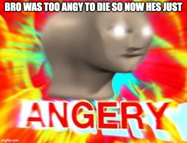 Surreal Angery | BRO WAS TOO ANGY TO DIE SO NOW HES JUST | image tagged in surreal angery | made w/ Imgflip meme maker