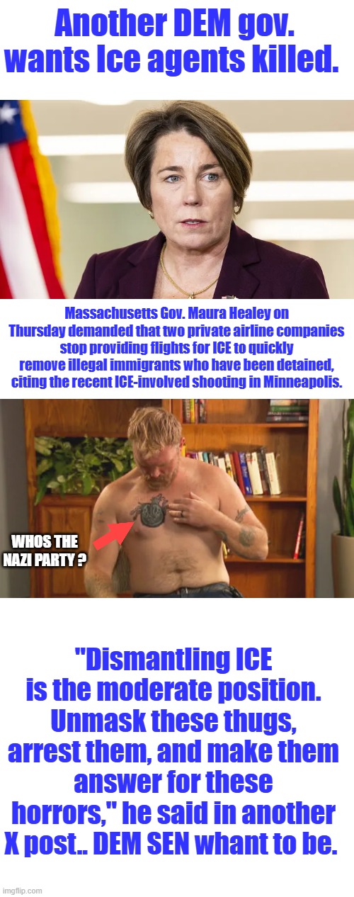 Another DEM gov. wants Ice agents killed. Massachusetts Gov. Maura Healey on Thursday demanded that two private airline companies stop providing flights for ICE to quickly remove illegal immigrants who have been detained, citing the recent ICE-involved shooting in Minneapolis. WHOS THE NAZI PARTY ? "Dismantling ICE is the moderate position. Unmask these thugs, arrest them, and make them answer for these horrors," he said in another X post.. DEM SEN whant to be. | made w/ Imgflip meme maker