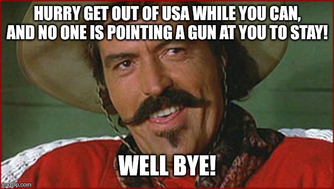Well, bye | HURRY GET OUT OF USA WHILE YOU CAN, AND NO ONE IS POINTING A GUN AT YOU TO STAY! WELL BYE! | image tagged in well bye | made w/ Imgflip meme maker