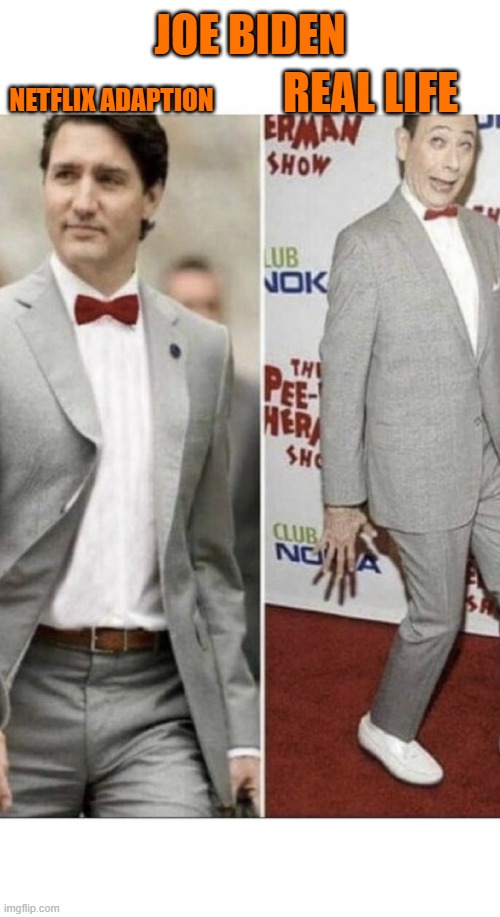 Trudeau peewee | JOE BIDEN; NETFLIX ADAPTION; REAL LIFE | image tagged in trudeau peewee | made w/ Imgflip meme maker