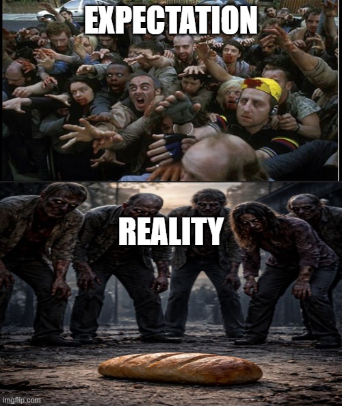 zombie apocolips expectation vs reality | EXPECTATION; REALITY | image tagged in zombie apocalypse | made w/ Imgflip meme maker