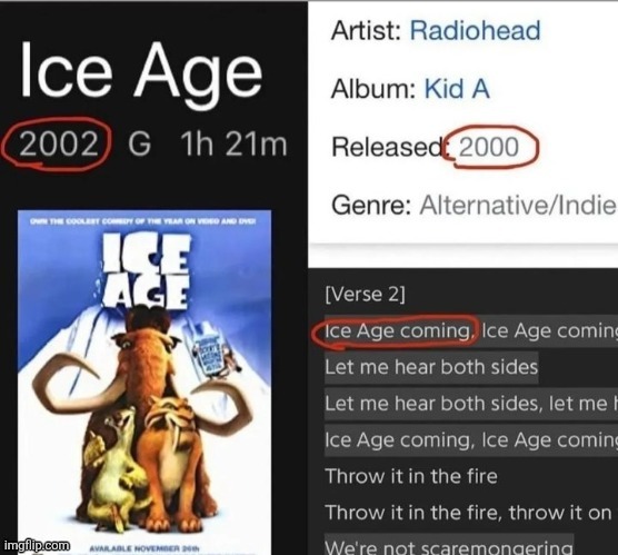 Ice Age

2002 G 1h 21m

ICE AGE

Artist: Radiohead

Album: Kid A

Released 2000

Genre: Alternative/Indie

[Verse 2]

Ice Age coming. Ice Age coming

Let me hear both sides

Let me hear both sides, let me h

Ice Age coming, Ice Age coming

Throw it in the fire

Throw it in the fire, throw it on

We're not scaremongering | made w/ Imgflip meme maker