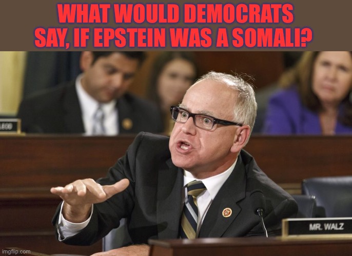 Democrat conundrum | WHAT WOULD DEMOCRATS SAY, IF EPSTEIN WAS A SOMALI? | image tagged in tim walz,democrats,democratic socialism,hypocrites,government corruption | made w/ Imgflip meme maker