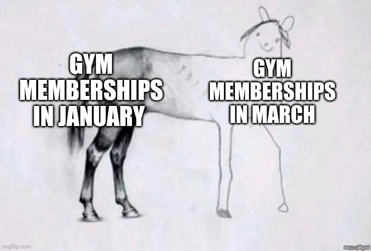 Horse Drawing | GYM MEMBERSHIPS IN JANUARY; GYM MEMBERSHIPS IN MARCH | image tagged in horse drawing | made w/ Imgflip meme maker