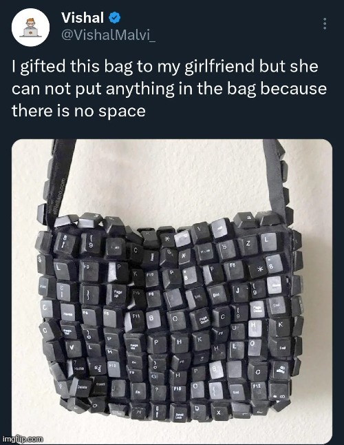 I gifted this bag to my girlfriend but she can not put anything in the bag because there is no space | made w/ Imgflip meme maker