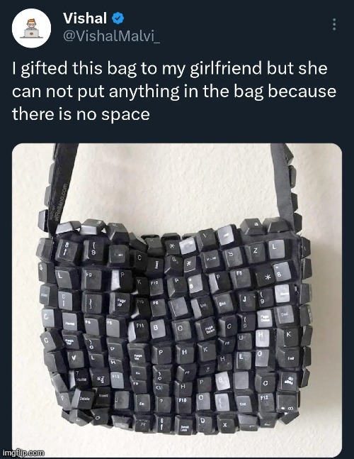 I gifted this bag to my girlfriend but she can not put anything in the bag because there is no space | made w/ Imgflip meme maker