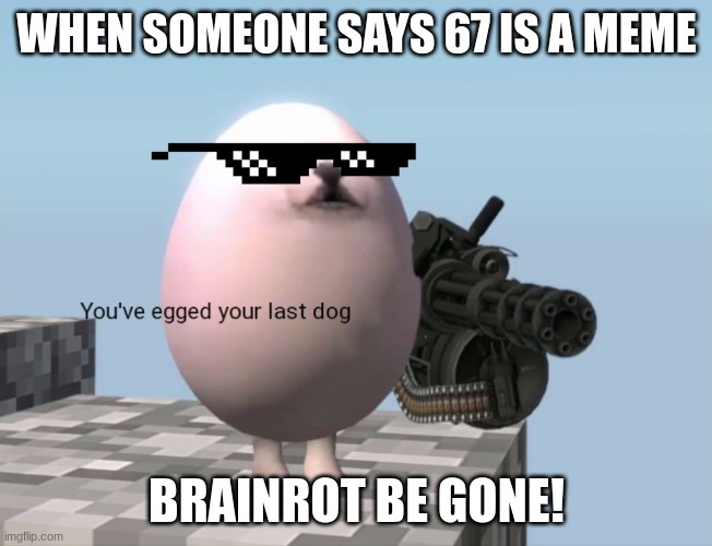 Egdong supports no BRAINROT! | WHEN SOMEONE SAYS 67 IS A MEME; BRAINROT BE GONE! | image tagged in you've egged your last dog | made w/ Imgflip meme maker